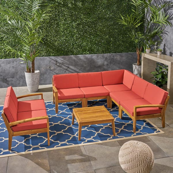 Noble House Grenada Teak Brown 8-Piece Wood Outdoor Patio Conversation Set with Red Cushions