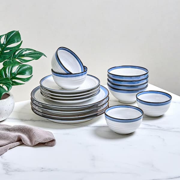 Sango Siterra Santorini 16-Piece Stoneware Dinnerware Set, White/Blue,  Service for 4, Microwave and Dishwasher Safe 10727870771044