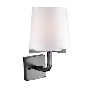 Wright 1-Light Bronze Plug-In or Hardwire Wall Sconce with White Fabric Shade and 6 ft. Cord