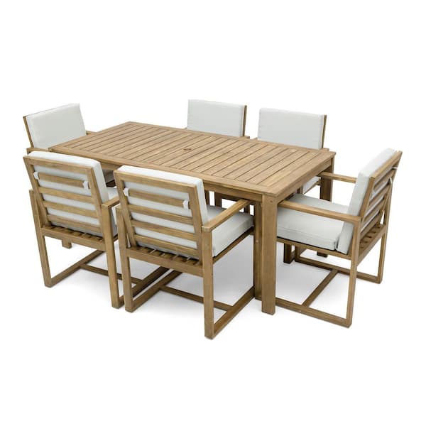 Unbranded 7-Piece Wood Outdoor Dining Table and Chair Set with and Removable Cushions for Patio, Backyard, Garden, Light Teak