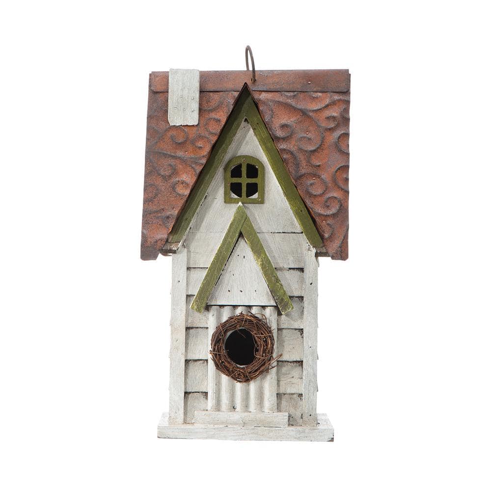 12" Weathered White Solid Wood Cottage Birdhouse with Metal Roof