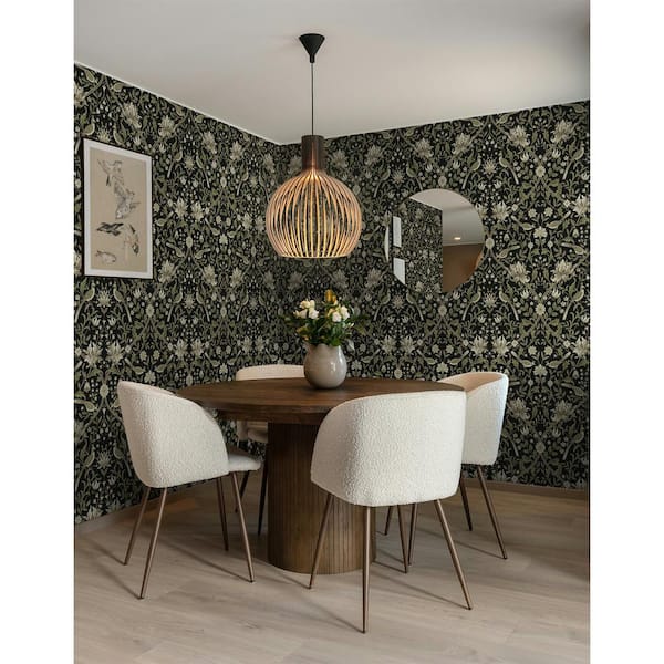 15.38 sq. ft. Rosemary and Ebony Vintage Bird Ogee Vinyl Peel and Stick Wallpaper Roll