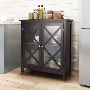 Brown Kitchen Buffet Sideboard Storage Cabinet w/Glass Doors & Adjustable Shelf
