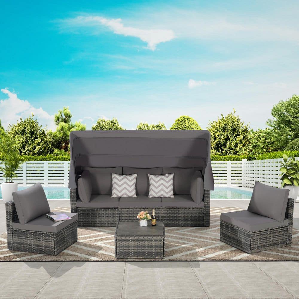 5-Piece Wicker Patio Conversation Set with Dark Gray Cushions, with Retract