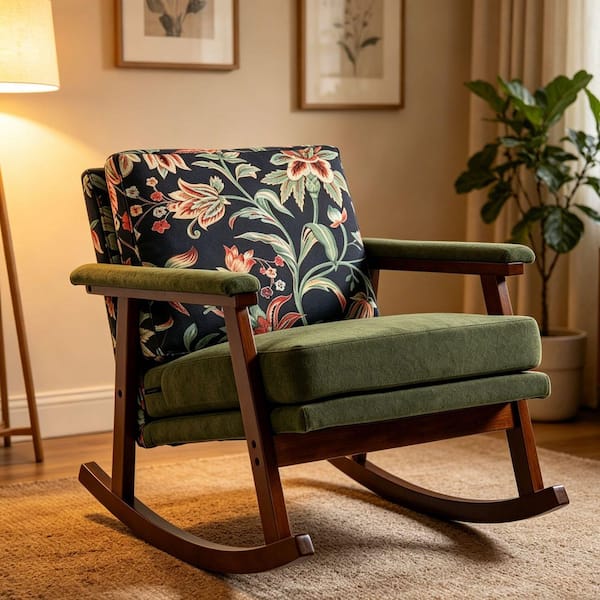 Mid-Century Modern Rocking Chair Antique Green Cotton Linen Upholstered Accent Arm Chair with Wood Frame