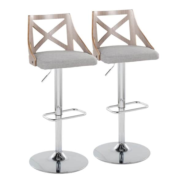 Lumisource Charlotte 32.5 in. Grey Fabric, Light Grey Wood and Chrome Metal Adjustable Bar Stool (Set of 2)