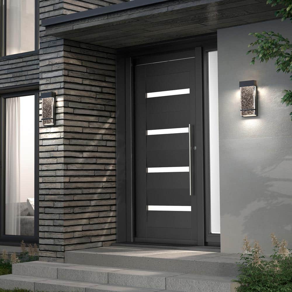 Modern Black Aluminum Lantern Sconce with Seeded Glass Shade