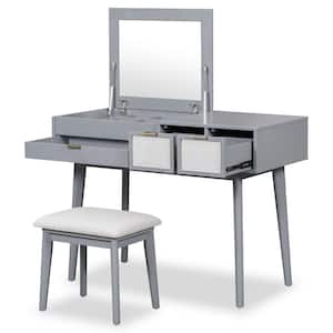 Classic Gray 3 Drawers 43.3 in. Wide Makeup Vanity Set Dresser with Flip-top Mirror and Stool