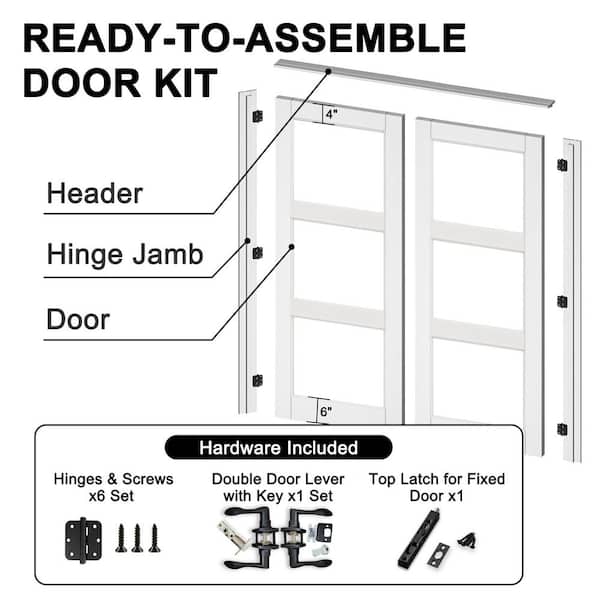 60 in. x 80 in. 3-Lite Clear Glass Universal White Solid Core Glass Double Prehung French Door Plus Quick Assemble Jamb