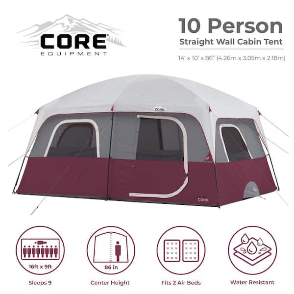 CORE Large 10-Person Tent, Large Standing Room w Tent Gear, Loft Gear  Organiser for Camping Gear, Multi Room for Family, Best Cabin Tent for  Camping - Outdoorsi