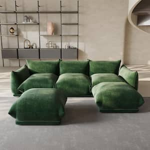 104 in. Flared Arm 5-Piece Chenille 3 Seater Modular Minimalist Marenco Couch Sectional Sofa with 2 Ottomans in. Green