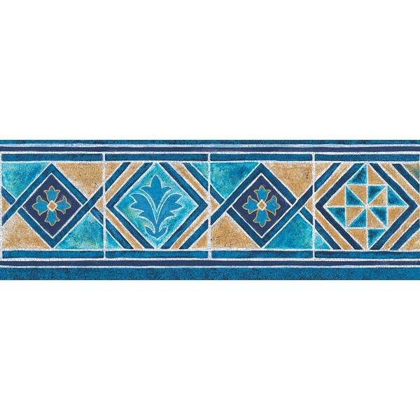 The Wallpaper Company 6.8 in. x 15 ft. Blue and Tan Moroccan Tile Border-DISCONTINUED