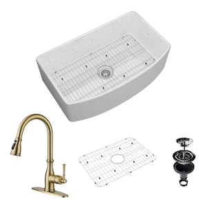 33 in. Farmhouse/Apron-Front Single Bowl Fireclay Kitchen Sink with Brushed Gold Faucet, Bottom Grid and Strainer Basket