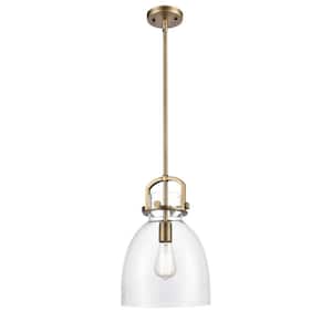 Newton Bell 1-Light Brushed Brass Shaded Pendant Light with Clear Glass Shade