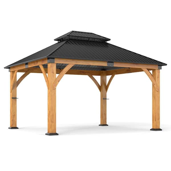 11 ft. x 13 ft. Outdoor Spruce Wood Gazebo-Patio Hardtop Gazebo Galvanized Steel Double Roof Gazebos for Backyard