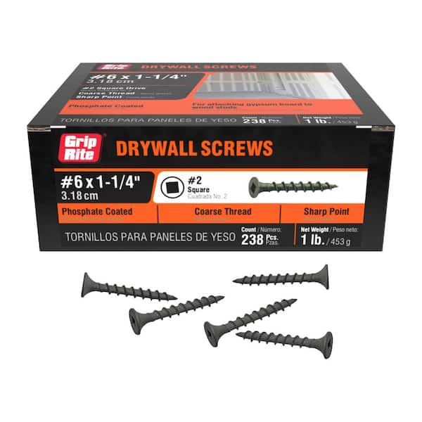 Grip-Rite #6 1-1/4 in. Square Drive Bugle Head Coarse Thread Drywall Screws 1 lb. Box