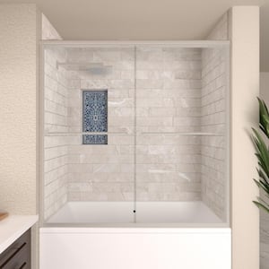 60 in. W. x 56 in. H Sliding Semi Frameless Tub Door in Brushed Nickel Finish with Clear Glass