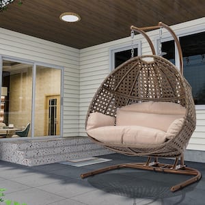 2-Person Brown Metal Patio Swing with Beige Cushion