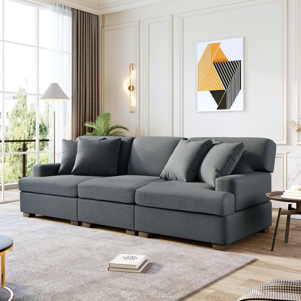 Harper & Bright Designs 88.5 in. W Square Arm 3-Seats Linen Sofa with ...