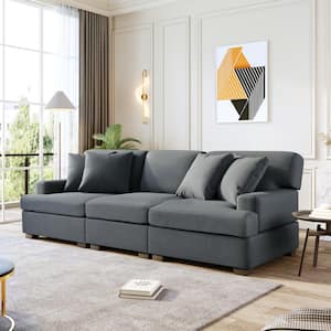 88.5 in. W Square Arm 3-Seats Linen Sofa with Removable Back, Seat Cushions and 4-Comfortable Pillows in Gray