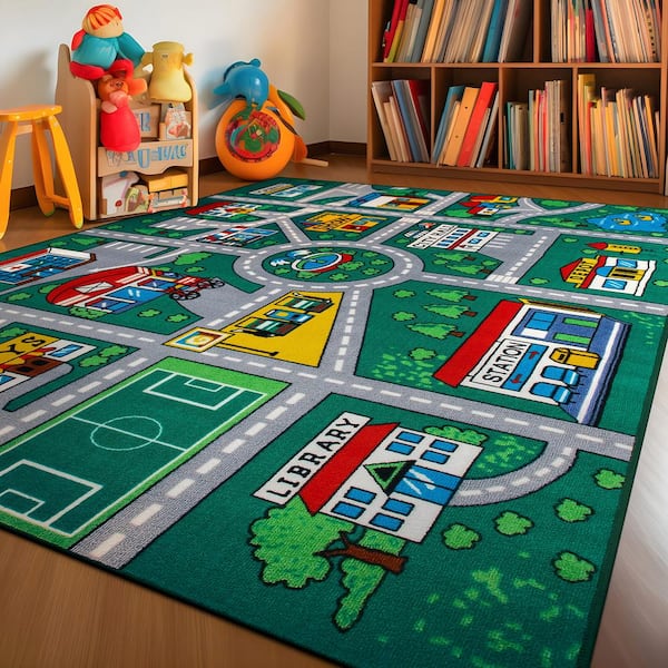 World Rug Gallery Kids Playmat Green 6 ft. 6 in. x 9 ft. Road