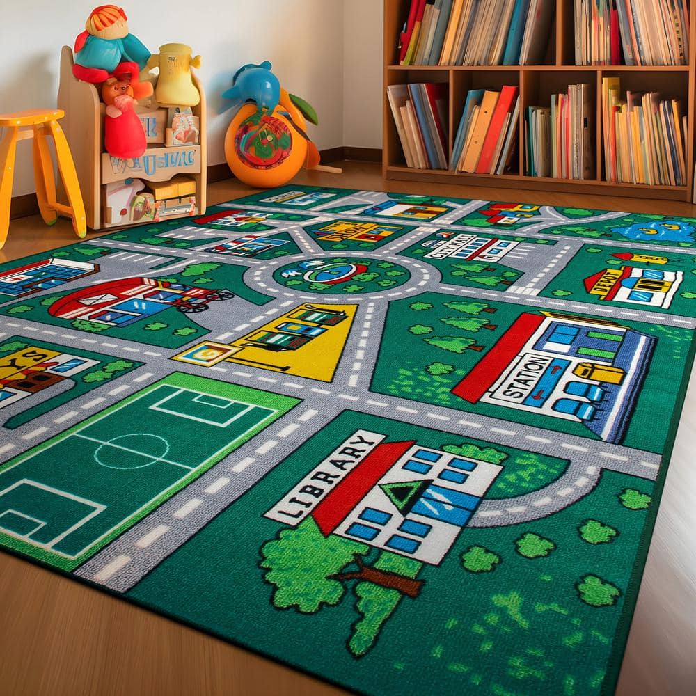 Green Educational Road Traffic Kids Playmat Area Rug 7'10" x 10'