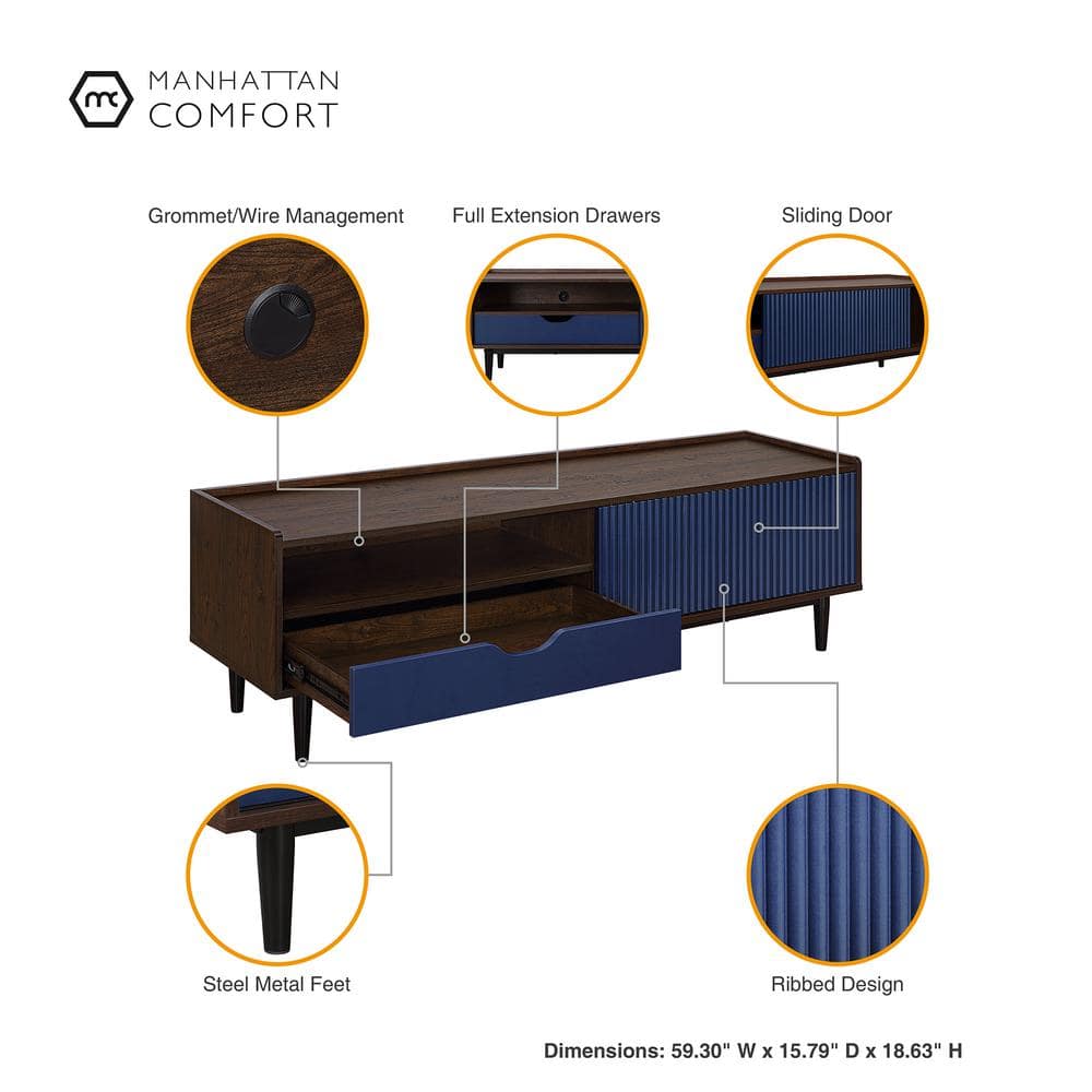Duane Dark Brown and Navy Blue Ribbed TV Stand with Cabinet