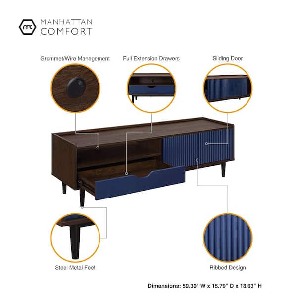 Manhattan Comfort Duane Modern Ribbed Nightstand with Full Extension Drawer in Dark Brown and Navy Blue Manhattan Comfort Duane Modern Ribbed Nightstand with Full Extension Drawer in Dark Brown and Navy Blue
