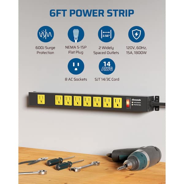 6 ft. 8-Outlet Heavy-Duty Metal Surge Protector Power Strip, 600J