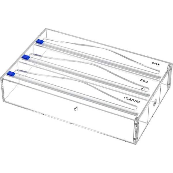 3 in 1 Acrylic Tin Foil Organizer Compatible with 12 Roll Plastic Wrap Dispenser with Cutter 12 Labels 2 Drawer Holder