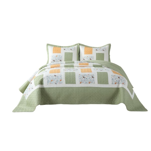MarCielo 3-Piece Green/Multi Vintage Style Holiday Bedding Patchwork Cotton Queen Quilt Bedspread Set