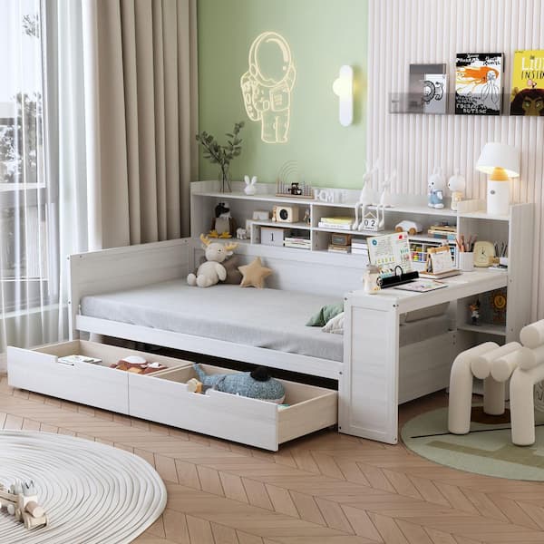 Harper & Bright Designs Antique White Multi-functional Twin Size Wood Daybed with Storage Shelves, 2-Drawers and Study Desk