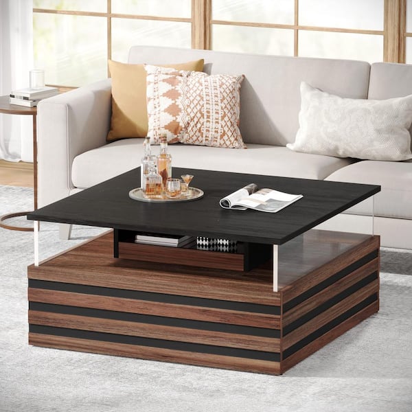 BYBLIGHT Kerlin 31.5 in. Brown and Black Square Engineered Wood Coffee Table with LED Light and Drawers