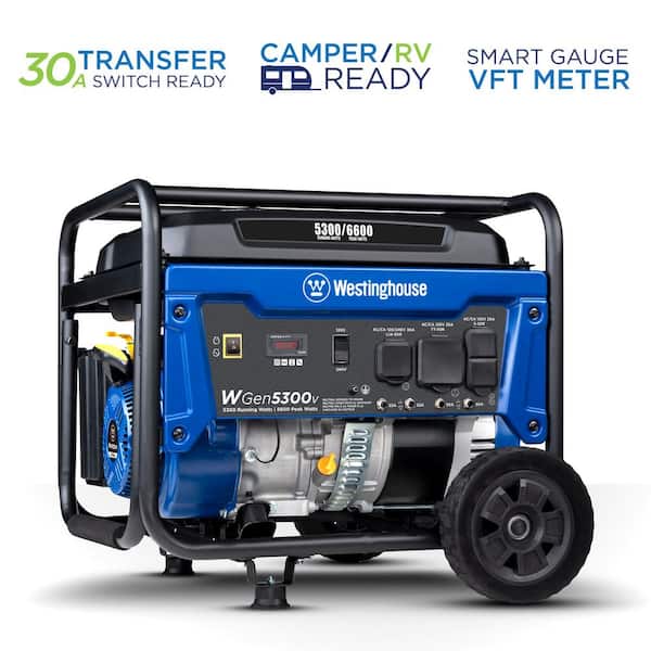 Westinghouse WGen5300v 6,600/5,300-Watt Gas Powered Portable Generator with RV and Transfer Switch Ready Outlets for Home Backup