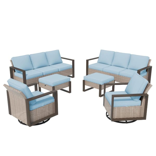 6-Piece Wicker 8 Seat Steel Outdoor Patio Conversation Set with Light Blue Cushions