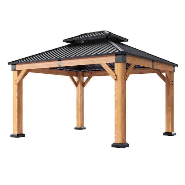12 ft. x 10 ft. Cedar Wood Outdoor Gazebo with Hard Top Galvanized Steel Double Roof