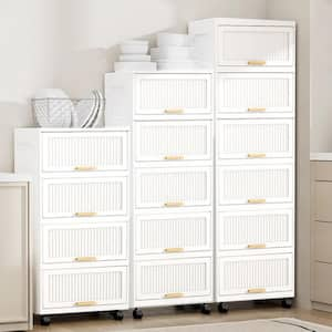 5-Layers Flip Open Storage Box With Wheels, Movable Storage Cabinet, Kitchen Shelf, Movable Storage Box-White