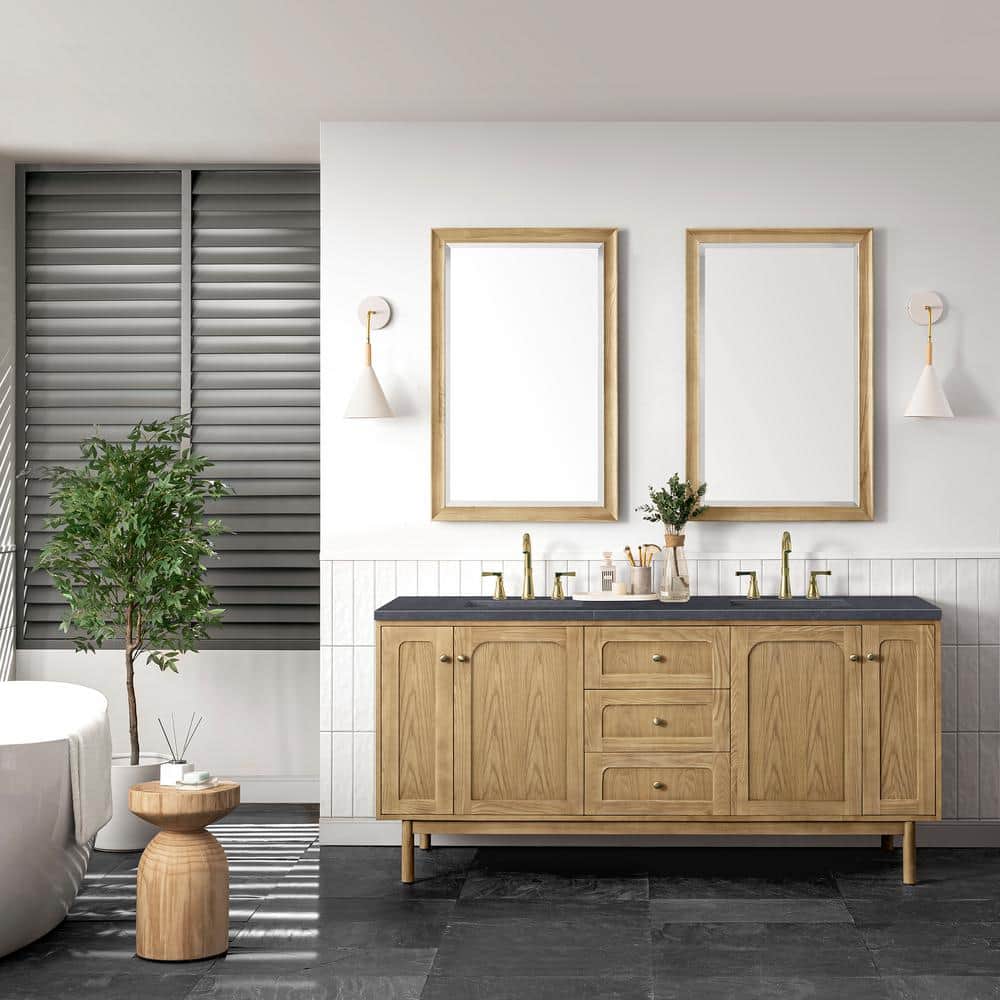 Laurent 72" Light Natural Oak Double Vanity Base with Brass Knobs
