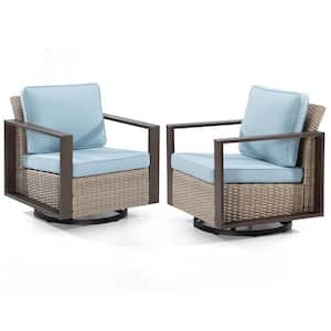 2-Piece Patio Wicker Outdoor Rocking Chair with Metal Frame and Baby Blue Cushions
