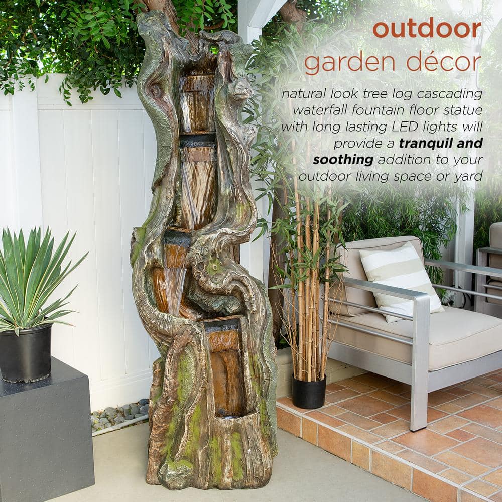 79" Natural Wood Look Resin Tiered Fountain with LED Lights