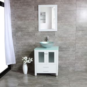 Wonline 24 in. W x21.7 in. D x 60 in. H Single Sink Bath Vanity in White with Green Galss Top and Silver Sink and Mirror