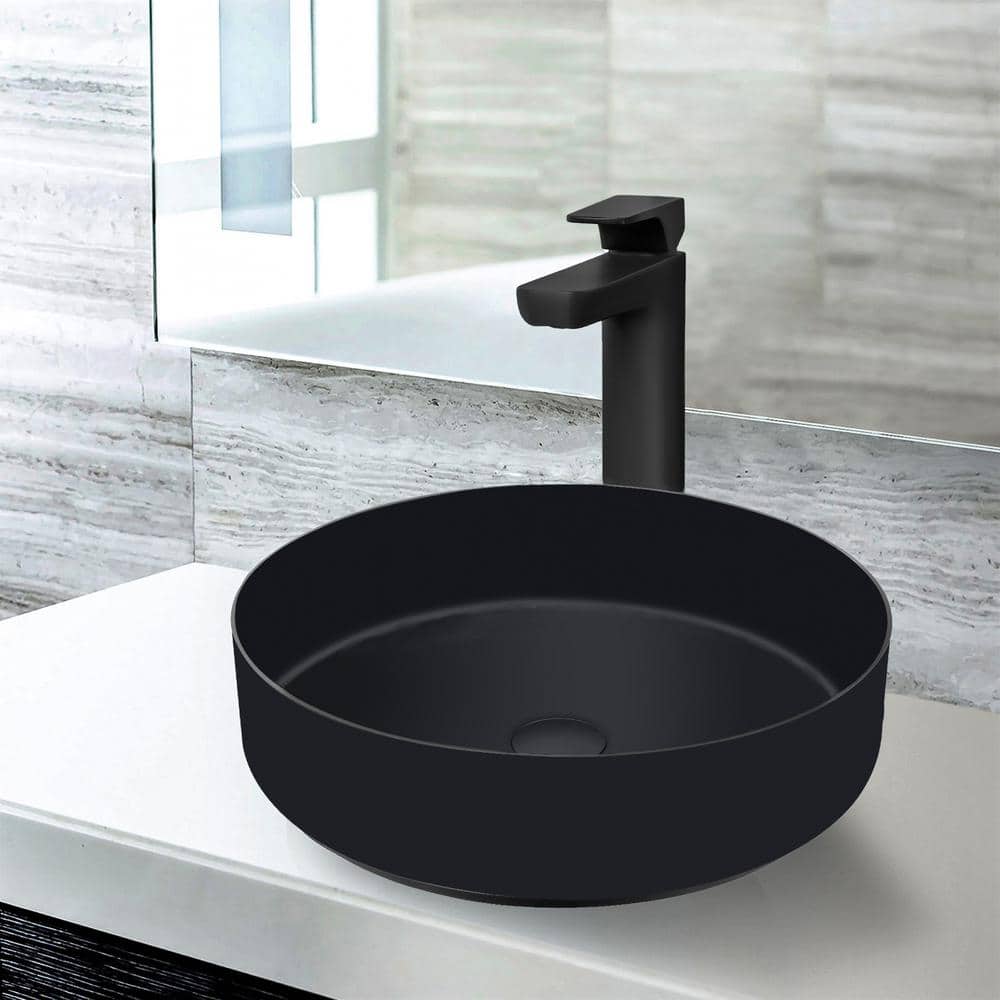 AKDY Matte Black Stainless Steel Round Bathroom Vessel Sink with High Arc Faucet BS001-5-3-2 ...
