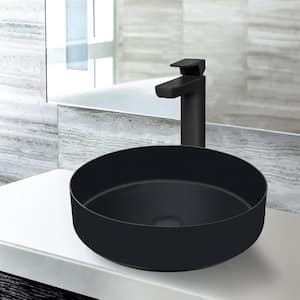 Matte Black Stainless Steel Round Bathroom Vessel Sink with High Arc Faucet