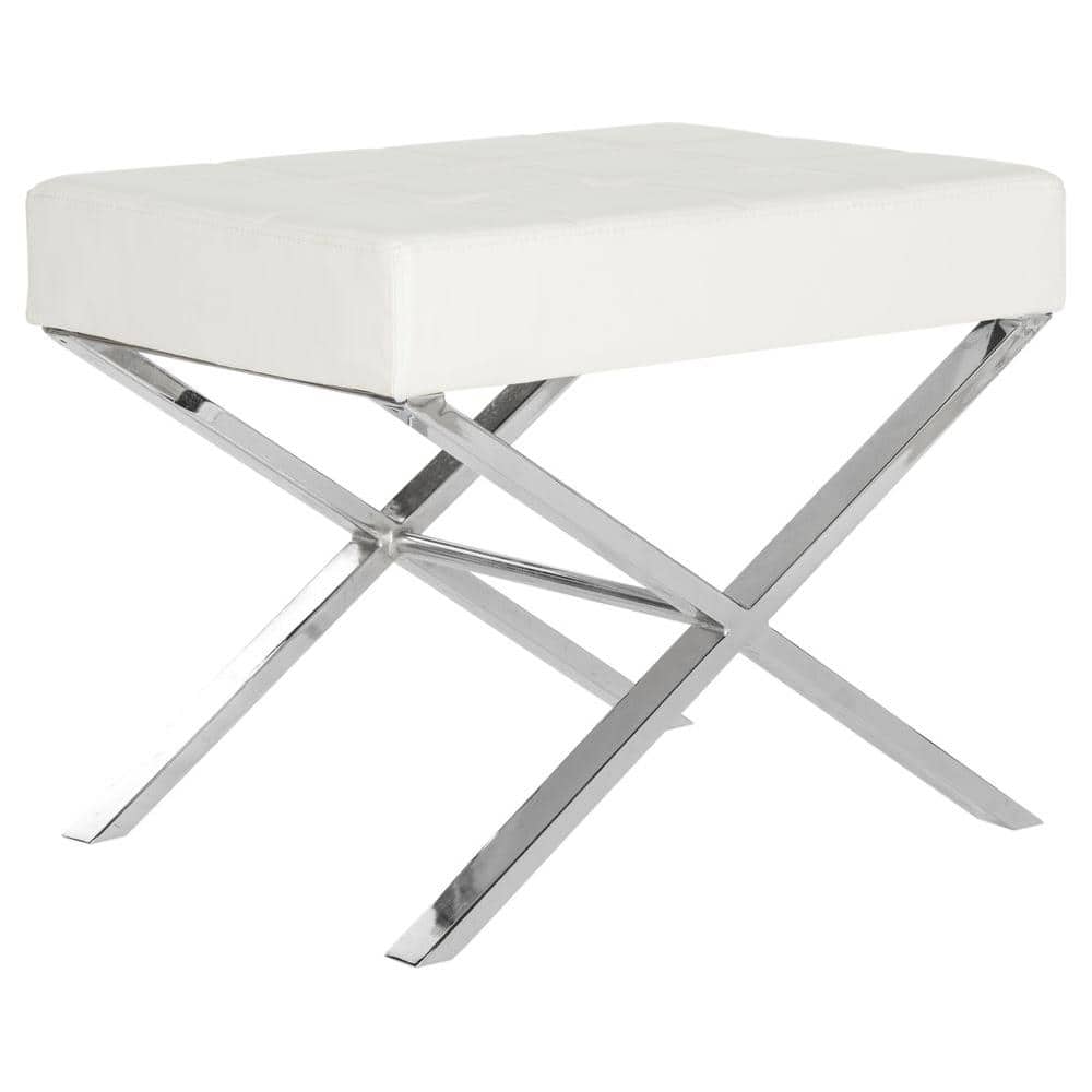 Sienna White Faux Leather Ottoman with Chrome X-Legs