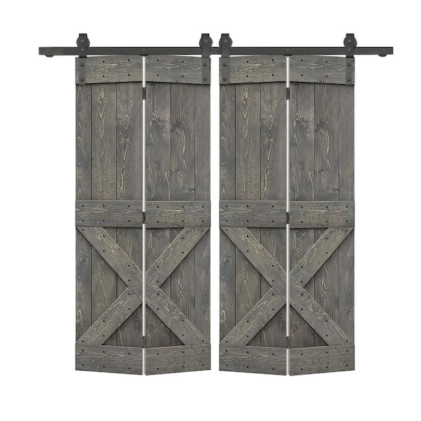 CALHOME 44 in. x 84 in. Mini X Solid Core Weather Gray Stained DIY Wood Double Bi-Fold Barn Doors with Sliding Hardware Kit