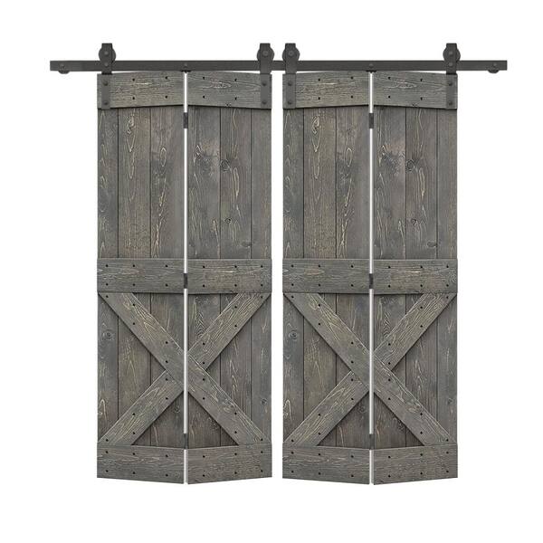 CALHOME 56 in. x 84 in. Mini X Series Weather Gray Stained DIY Wood Double Bi-Fold Barn Doors with Sliding Hardware Kit