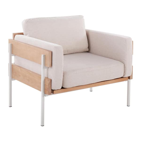 Lumisource Kari Cream Fabric, Natural Wood and White Metal Arm Chair
