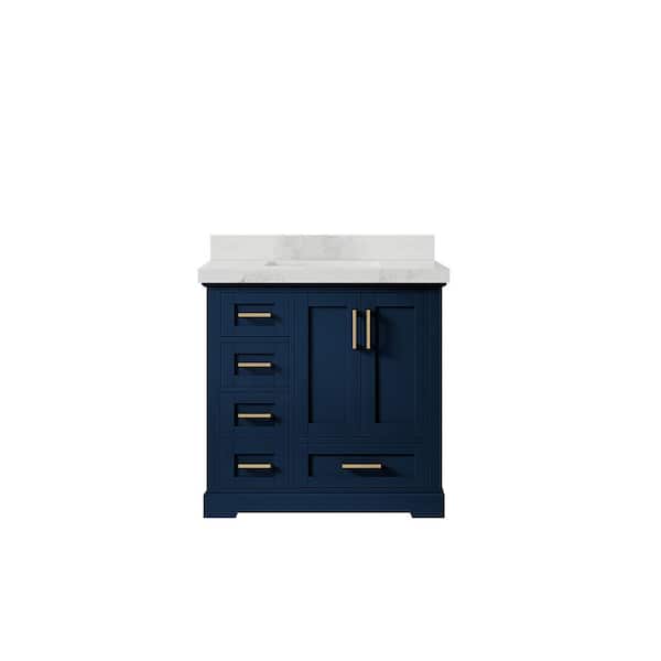 Willow Collections Boston 36 in. W x 22 in. D x 36 in. H Single Sink Bath Vanity Center in Navy Blue with 2" Calacatta Nuvo Top