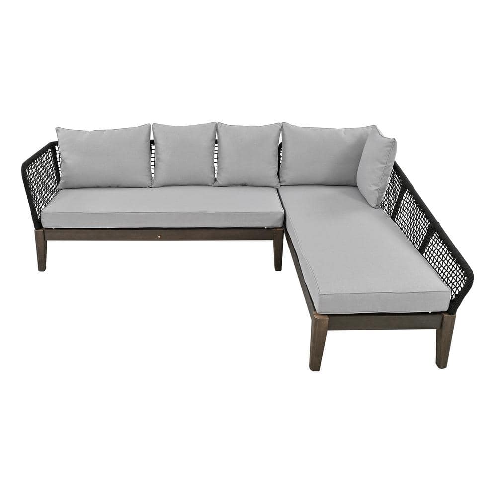 5-Person Wood L-Shaped Outdoor Seating Sectional with Gray Cushions Rope Wa