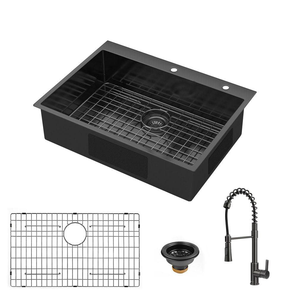 30 in. Drop-In Single Bowl 18 Gauge Gunmetal Black Stainless Steel Kitchen Sink with Faucet and Bottom Grids